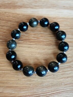 Golden Black Obsidian Beaded Stretch Bracelet - Handmade